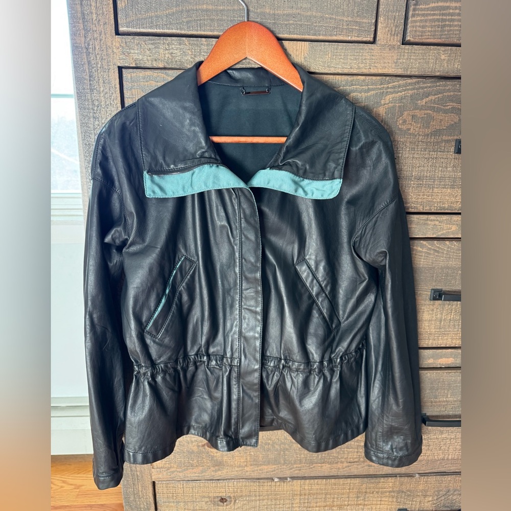 Vintage Women’s Giorgio Armani Black Leather Jacket with Teal Details